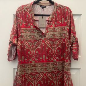 NWT a.jesdani Red & Creme V Neck Blouse w Tab Sleeves 2X